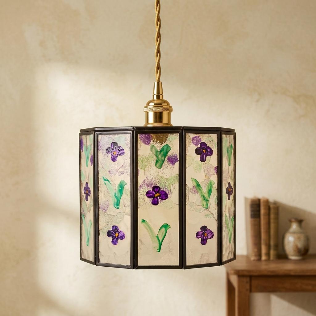 Violet flower stained glass pendant light by AuroraeGlass