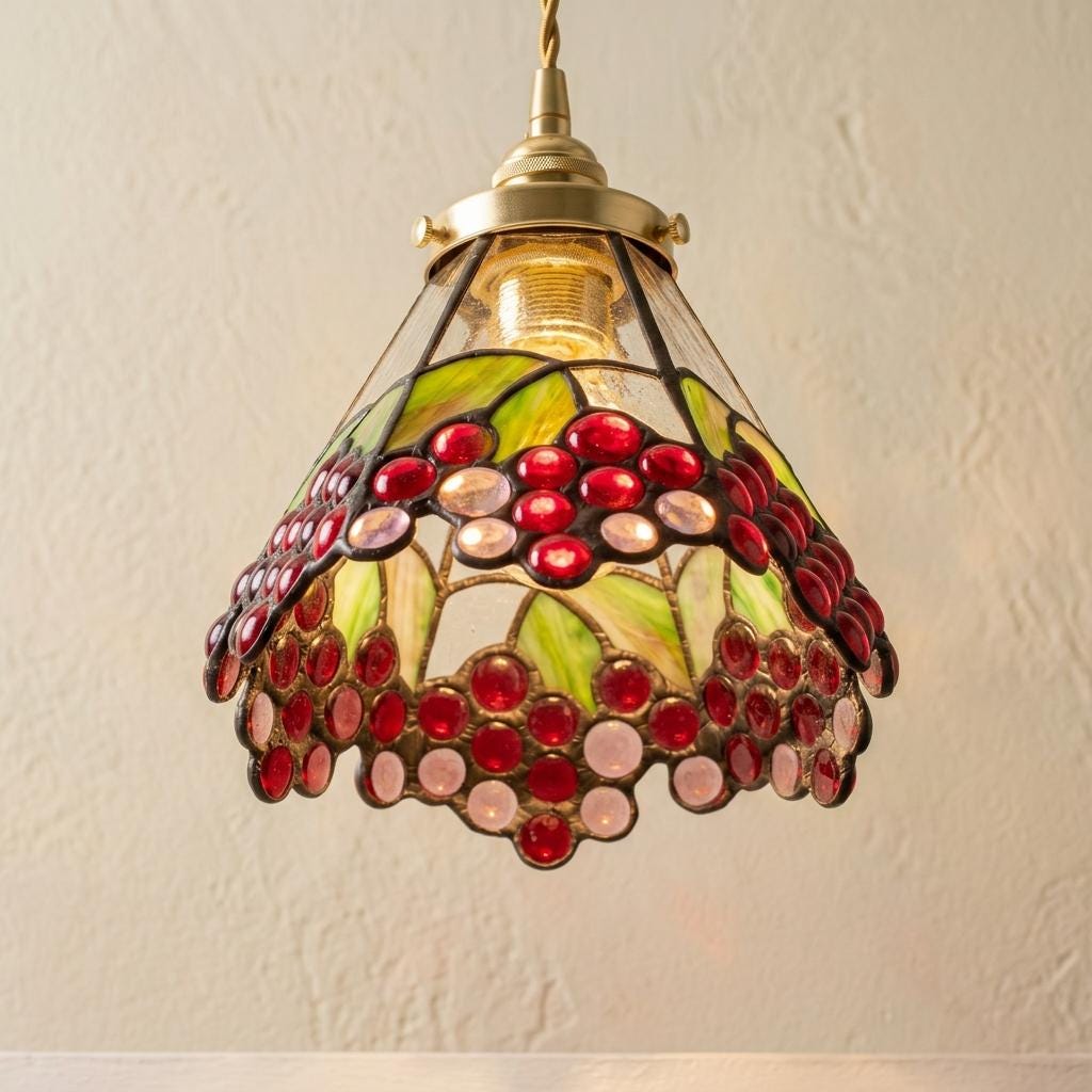 Handmade Grape-Inspired Tiffany-Inspired Pendant Light with Red and Purple Cluster Motifs featured in the Pendant Size for 6, 7, 8, and 10-Foot Kitchen Islands guide