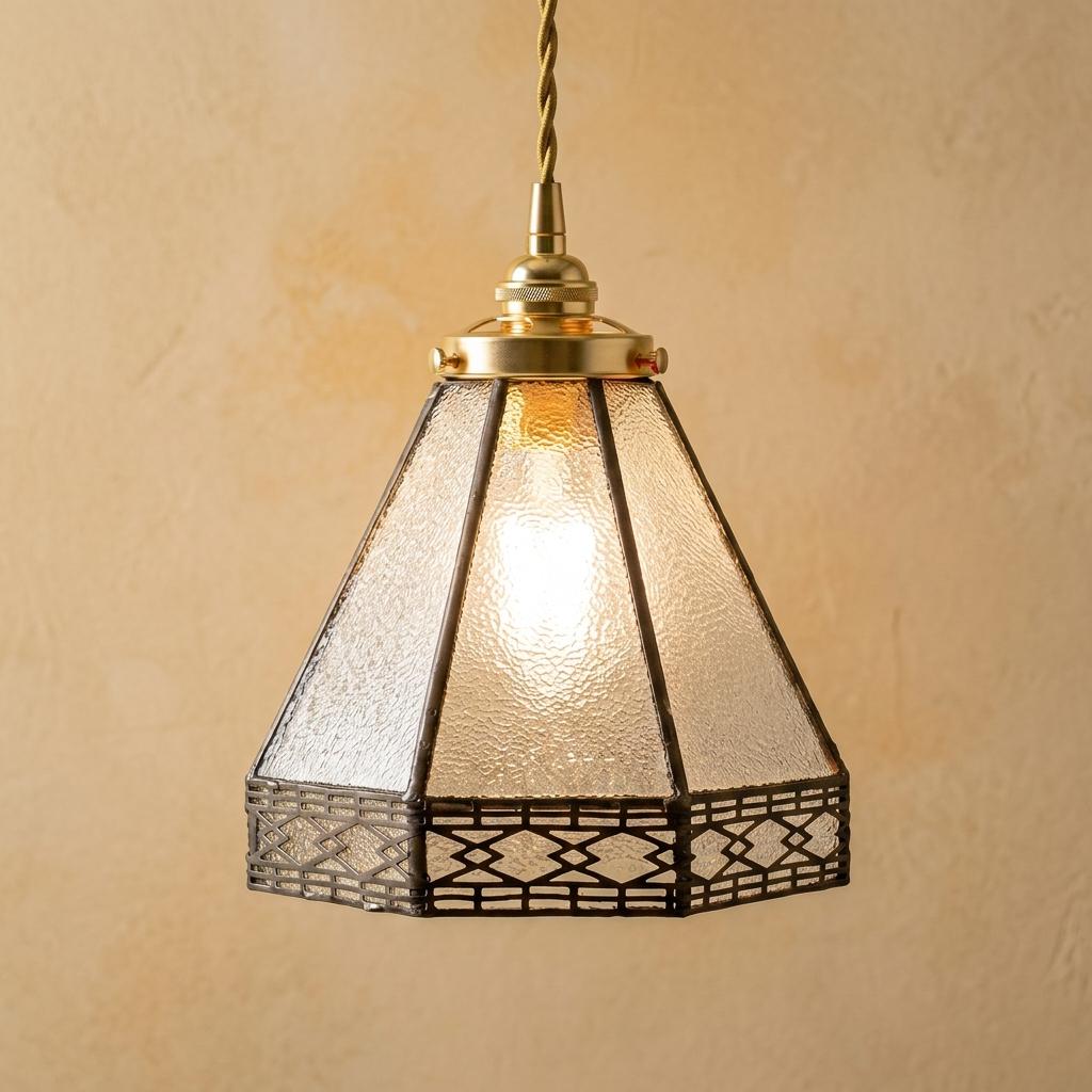 Handmade Clear Geometric Bell Pendant Light with Dark Lattice Border featured in the Are Stained Glass Pendant Lights Bright Enough? guide