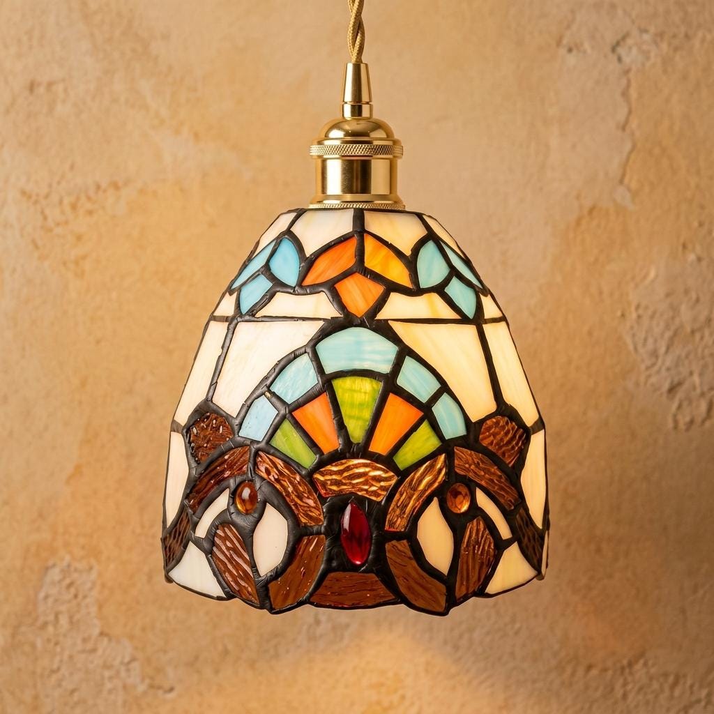 Handmade Owl-Inspired Tiffany-Inspired Pendant Light with Cream, Blue, and Amber-tone Panels featured in the Pendant Hanging Height: A Measurement-First Planning Guide guide
