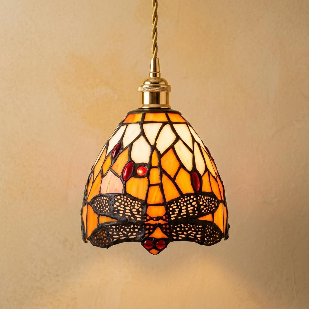 Handmade Dragonfly-Inspired Tiffany-Inspired Pendant Light with Amber-tone Leaves and Scalloped Edge featured in the How Many Pendants Should You Place Over a Kitchen Island? guide