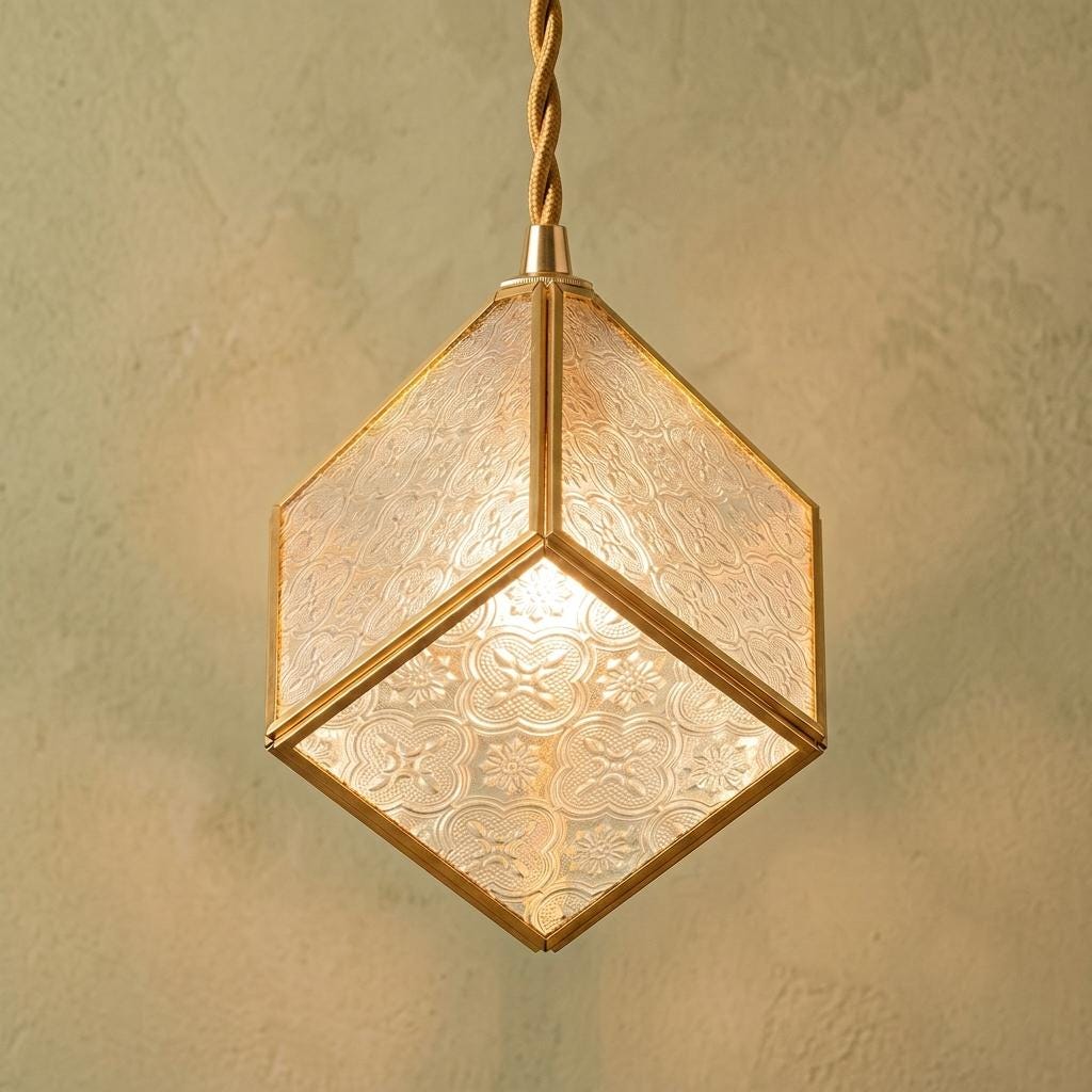 Clear faceted cube pendant with a gold-tone frame and pendant cord