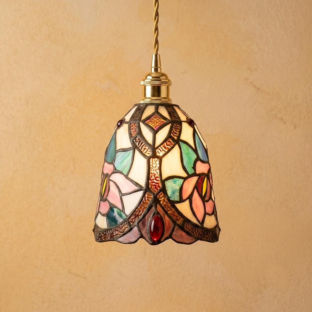 Pink floral stained glass pendant with blue botanical shapes and a rounded bell