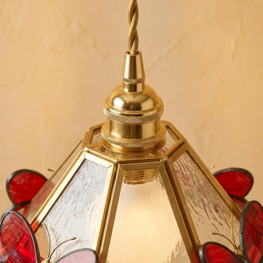 Stained Glass Butterfly Pendant Light, Red Orange Tiffany Style Hanging Lamp Shade, Handmade Cottagecore Ceiling Light, Art Glass Decor
