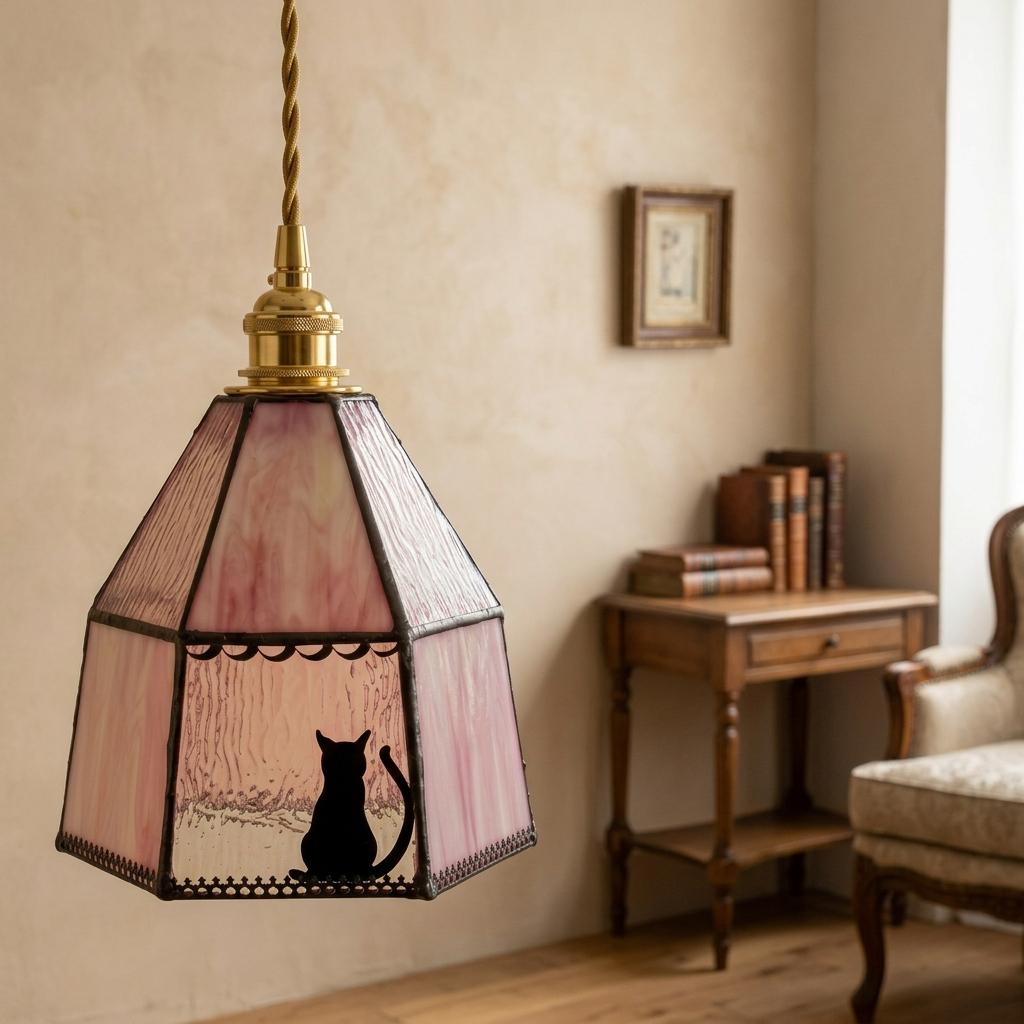 Handmade Pink Stained Glass Cat Lampshade, Vintage Style Replacement Shade