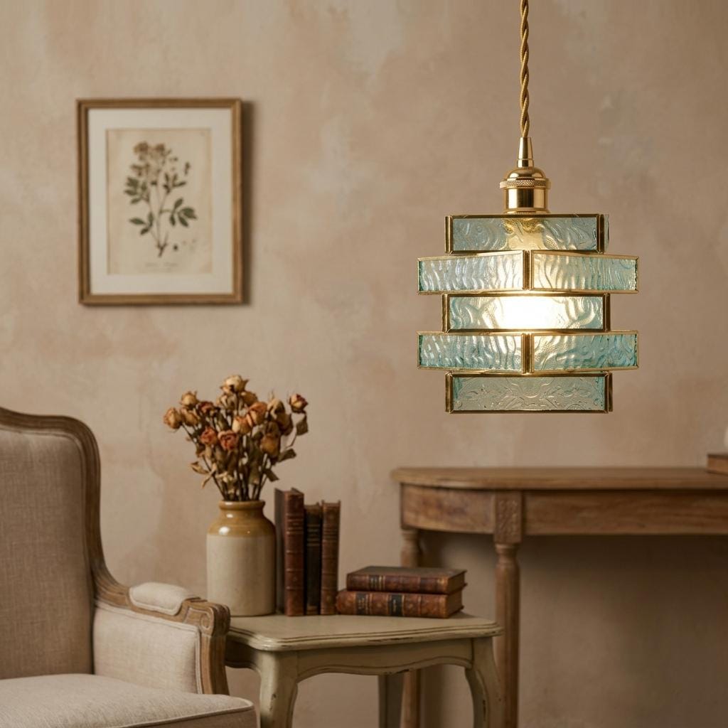 Aqua Blue Glass Stained Pendant Light, Stacked Geometric Brass Hanging Lamp