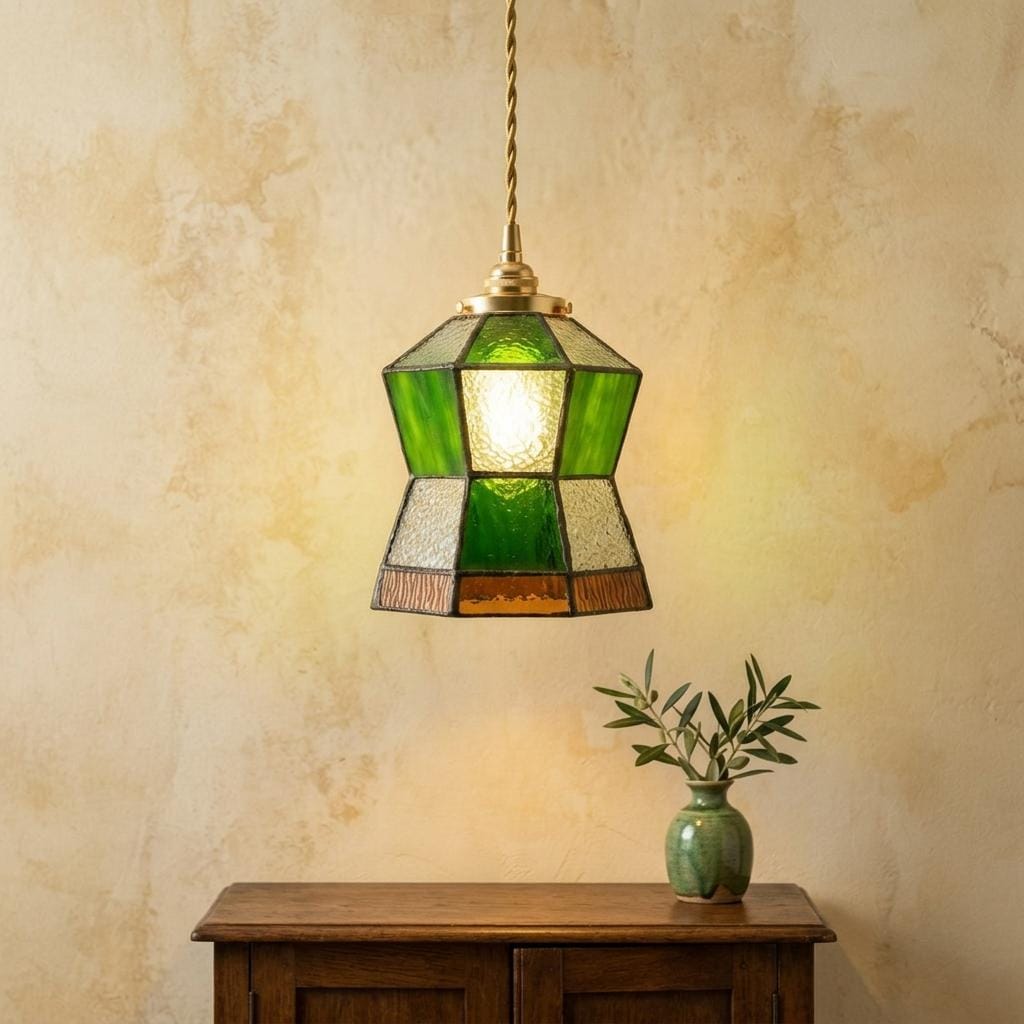 Green Stained Glass Pendant Light, Small Geometric Tiffany Style Hanging Lamp, Art Deco Entryway Ceiling Light