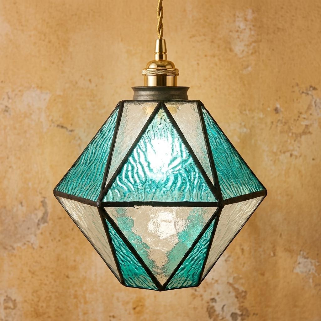 Handmade Geometric Stained Glass Pendant Light, Aqua Blue Textured Glass Hanging Lamp