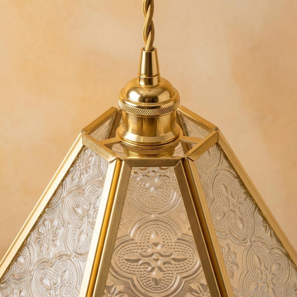 Clear Patterned Glass Pendant Light, Gold Scalloped Hanging Lamp, Vintage Style Fixture