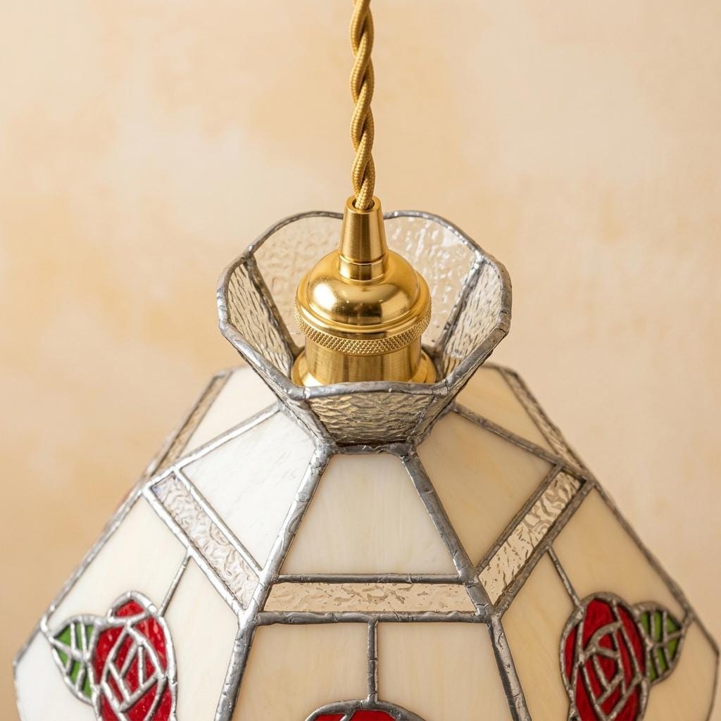 Rose Stained Glass Pendant Light, Handmade Tiffany Style Hanging Lamp, White Floral Ceiling Light, Vintage Cottagecore Decor