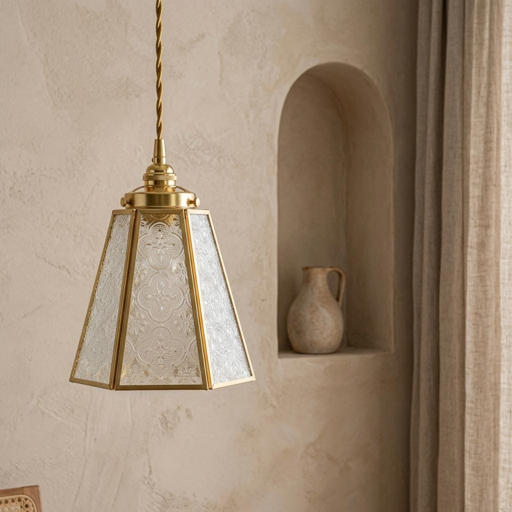 Gold Patterned Glass Pendant Light, Vintage Boho Hanging Lamp, Small Brass Fixture