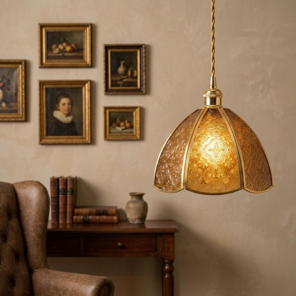 Amber Embossed Floral Glass Pendant Light, Vintage Golden Dome Hanging Lamp