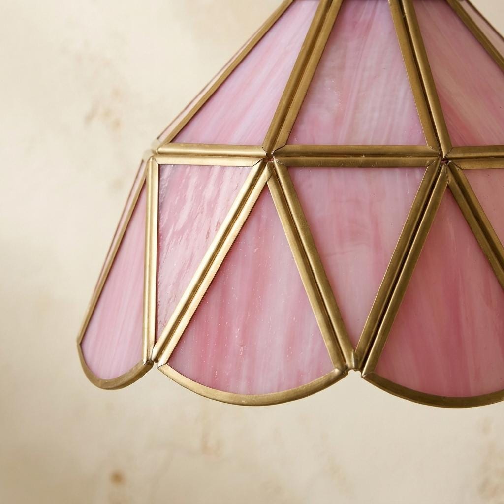 Pink Stained Glass Pendant Light, Scalloped Petal Hanging Lamp, Small Tiffany Style Ceiling Light, Cottagecore Bedroom Decor