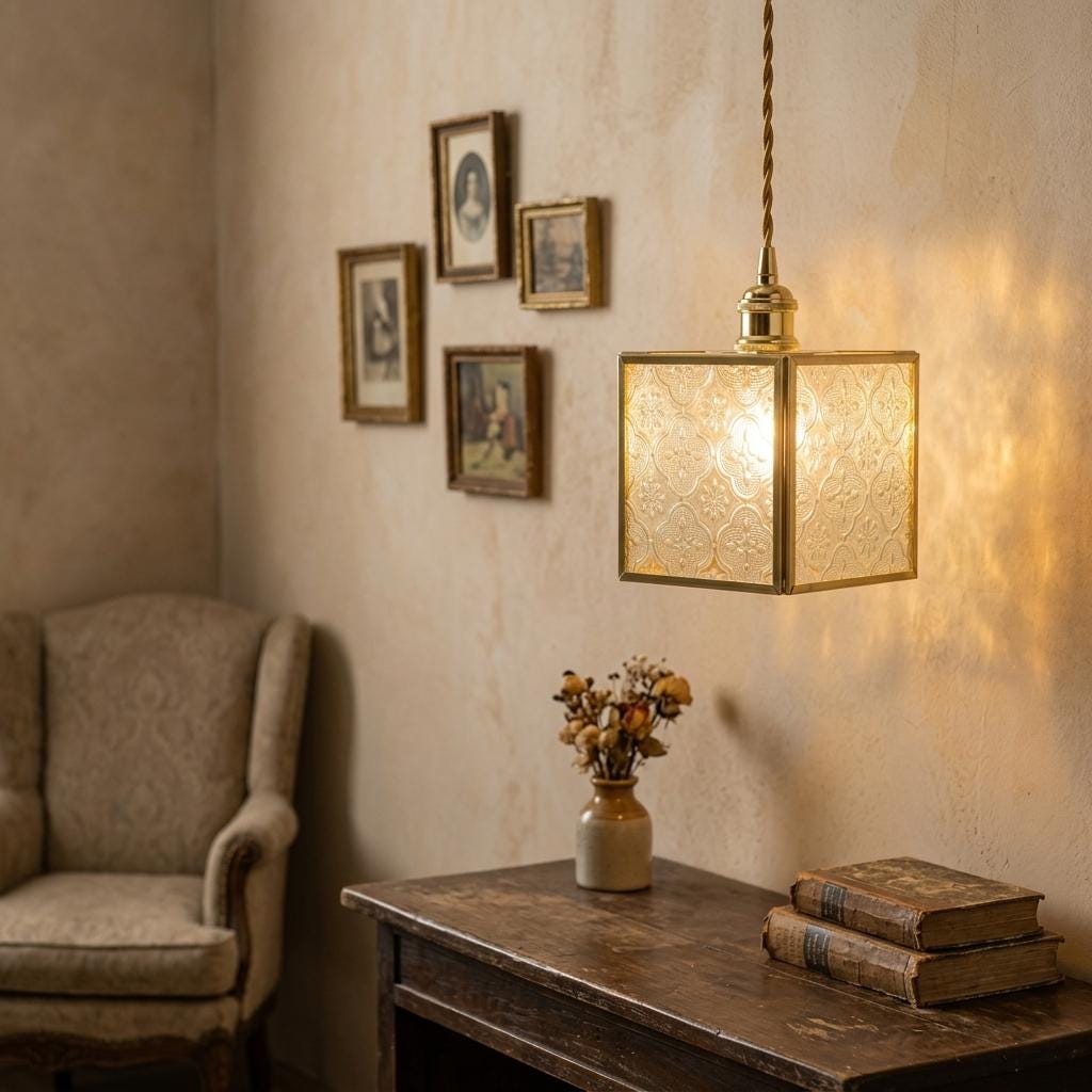 Square Embossed Glass Pendant Light, Brass Tone Cube Hanging Lamp