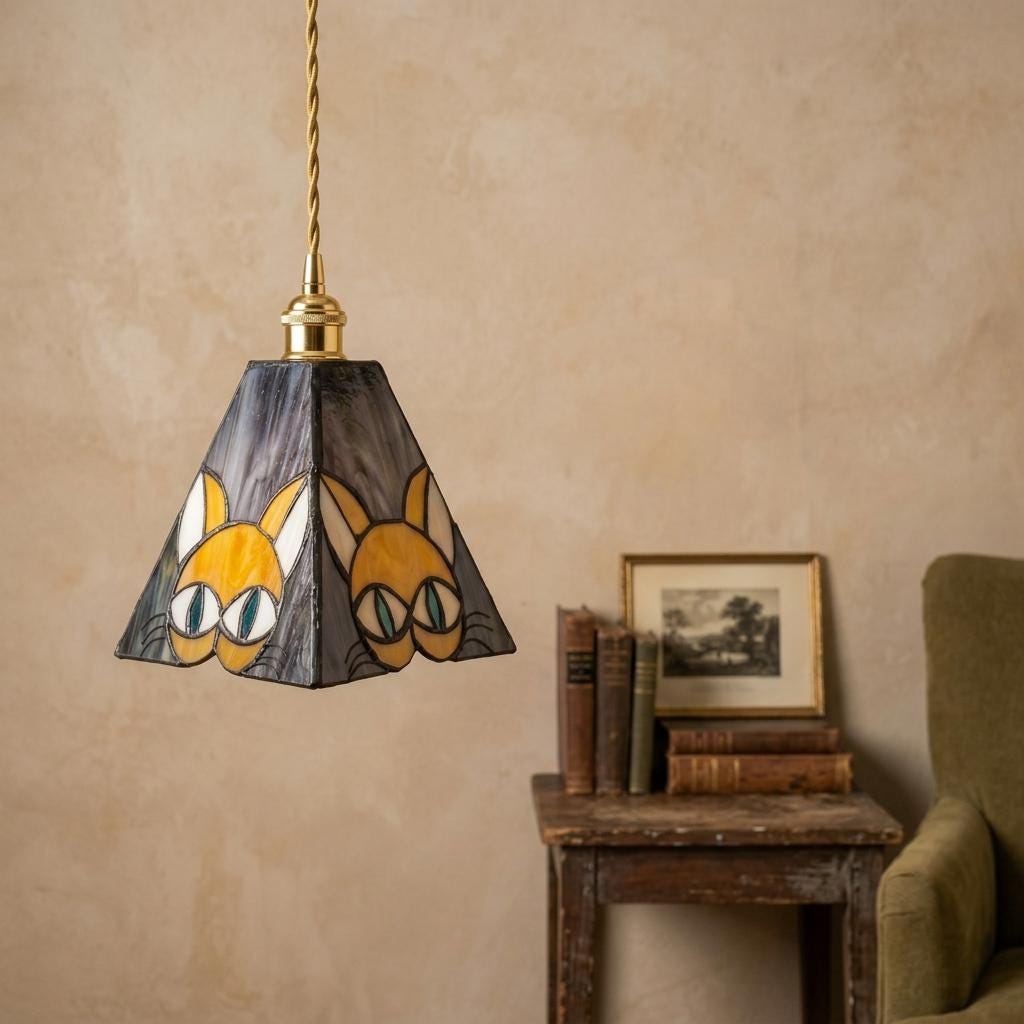 Stained Glass Cat Pendant Light, Whimsical Kitty Hanging Lamp, Tiffany Style Animal Ceiling Light, Cat Lover Gift