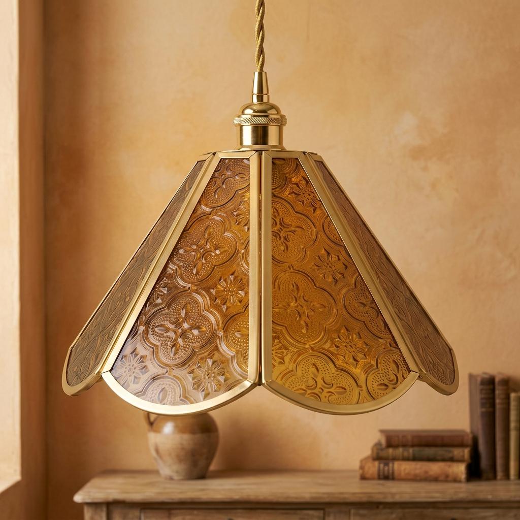 Amber Floral Stained Glass Pendant Light, Vintage Gold Scalloped Ceiling Lamp