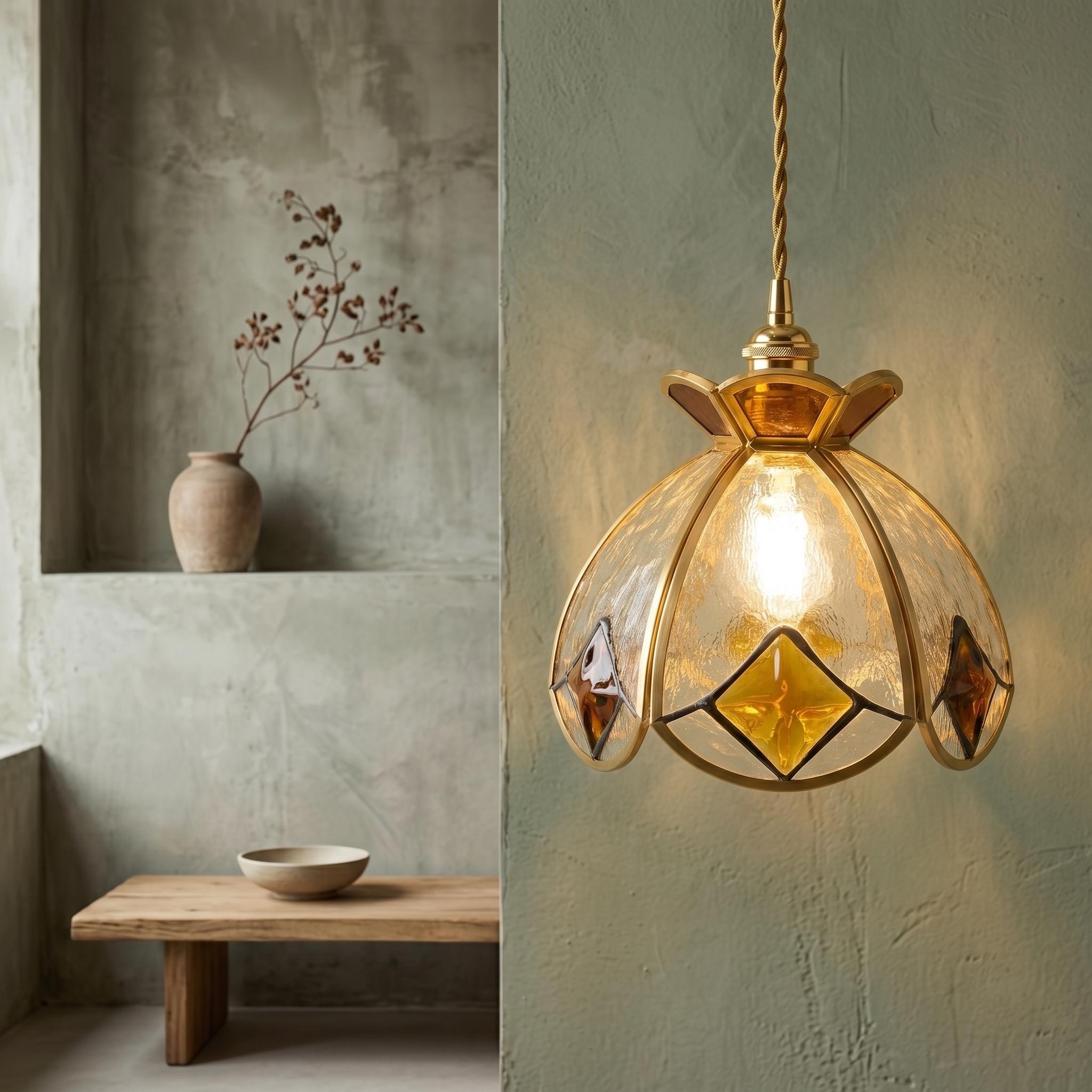 Handmade Stained Glass Pendant Light, Amber Flower Hanging Lamp, Vintage Tiffany Style Ceiling Light, Cottagecore Kitchen Lamp