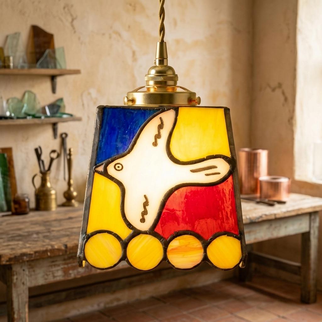 Stained Glass Pendant Light, Colorful White Dove Hanging Lamp, Small Tiffany Style Bird Ceiling Light, Boho Accent Lighting