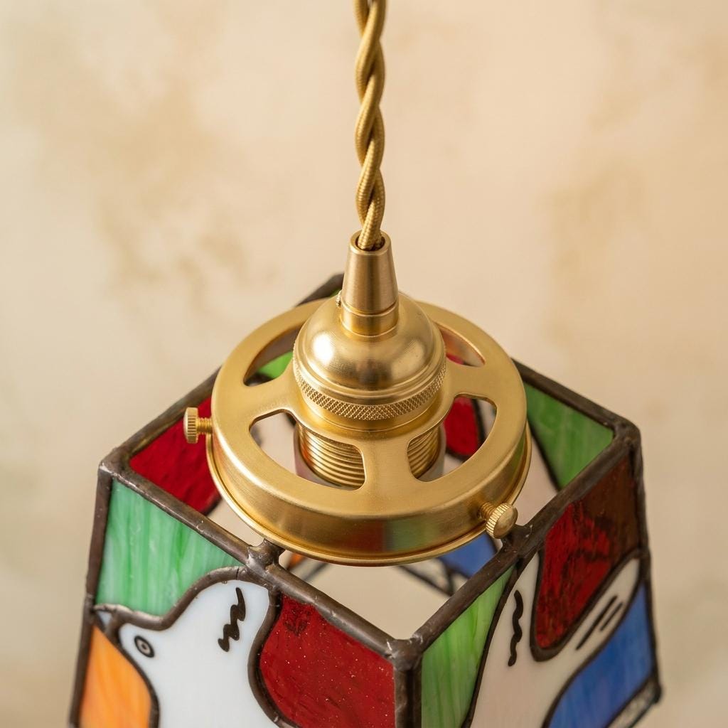 Handmade Stained Glass Pendant Light, White Bird Hanging Lamp, Colorful Boho Fixture
