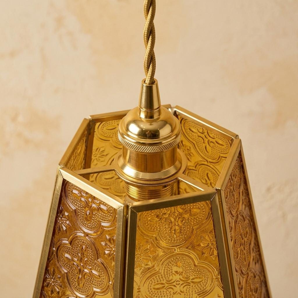 Amber Glass Pendant Light, Ornate Gold Floral Pattern Hanging Lamp
