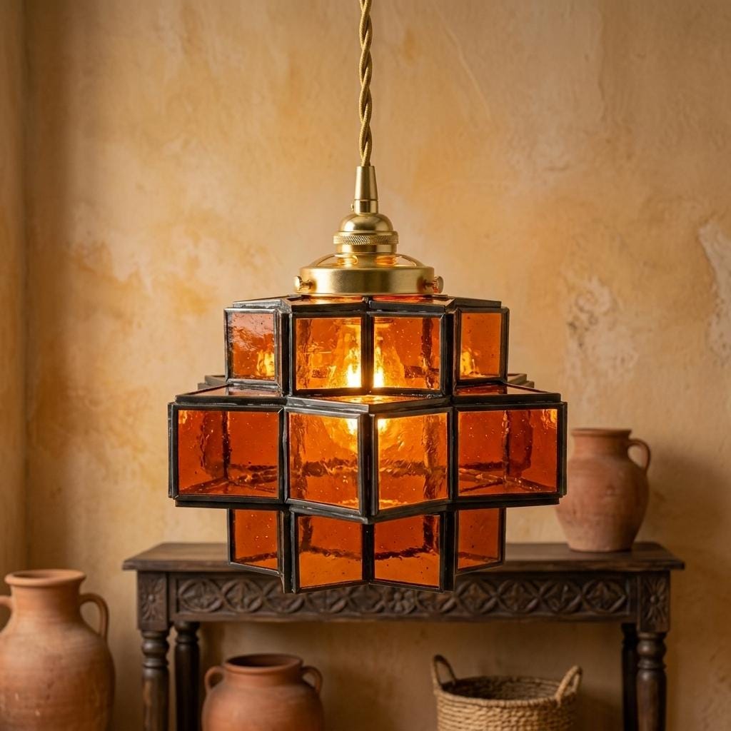 Amber Geometric Stained Glass Pendant Light, Tiered Cube Hanging Lamp