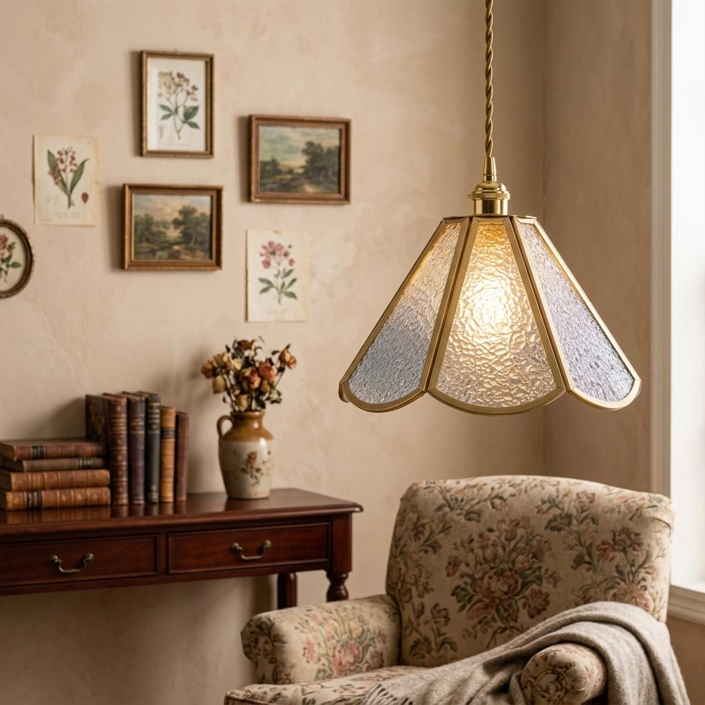 Clear Textured Glass Pendant Light, Scalloped Tiffany Style Hanging Lamp, Vintage Gold Ceiling Light