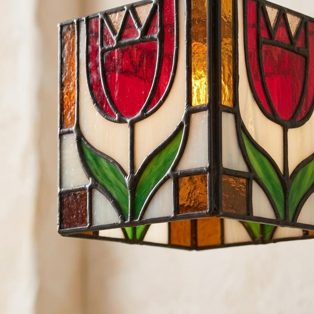 Stained Glass Pendant Light, Pink Tulip Flower Hanging Lamp, Tiffany Style Square Ceiling Light, Cottagecore Floral Decor