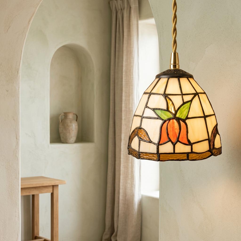 Stained Glass Pendant Light, Orange Floral Tiffany Style Hanging Lamp, Cream Green Ceiling Light, Cottagecore Kitchen Island Lighting