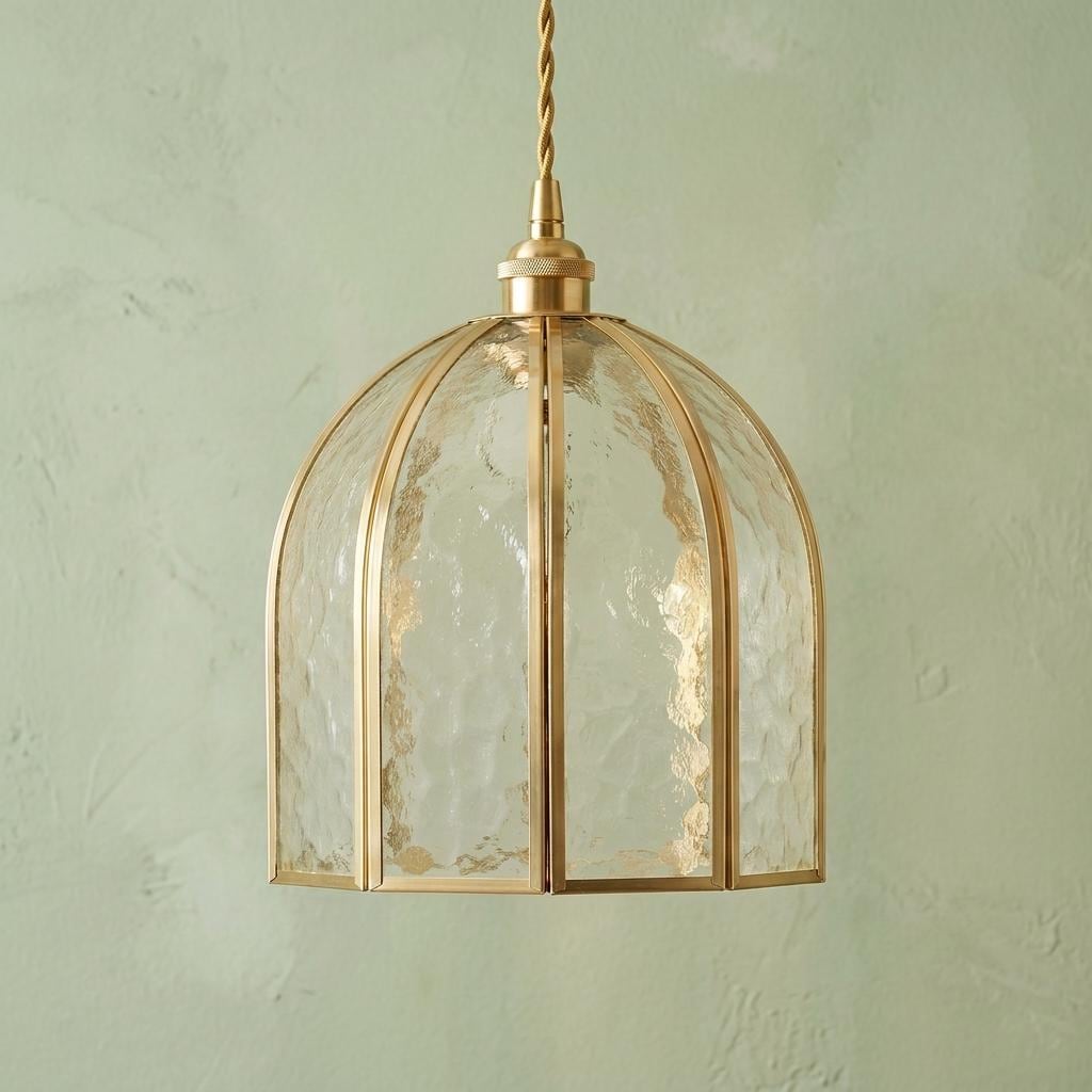 Handmade Dome Stained Glass Pendant Light, Art Deco Brass Kitchen Island Decor