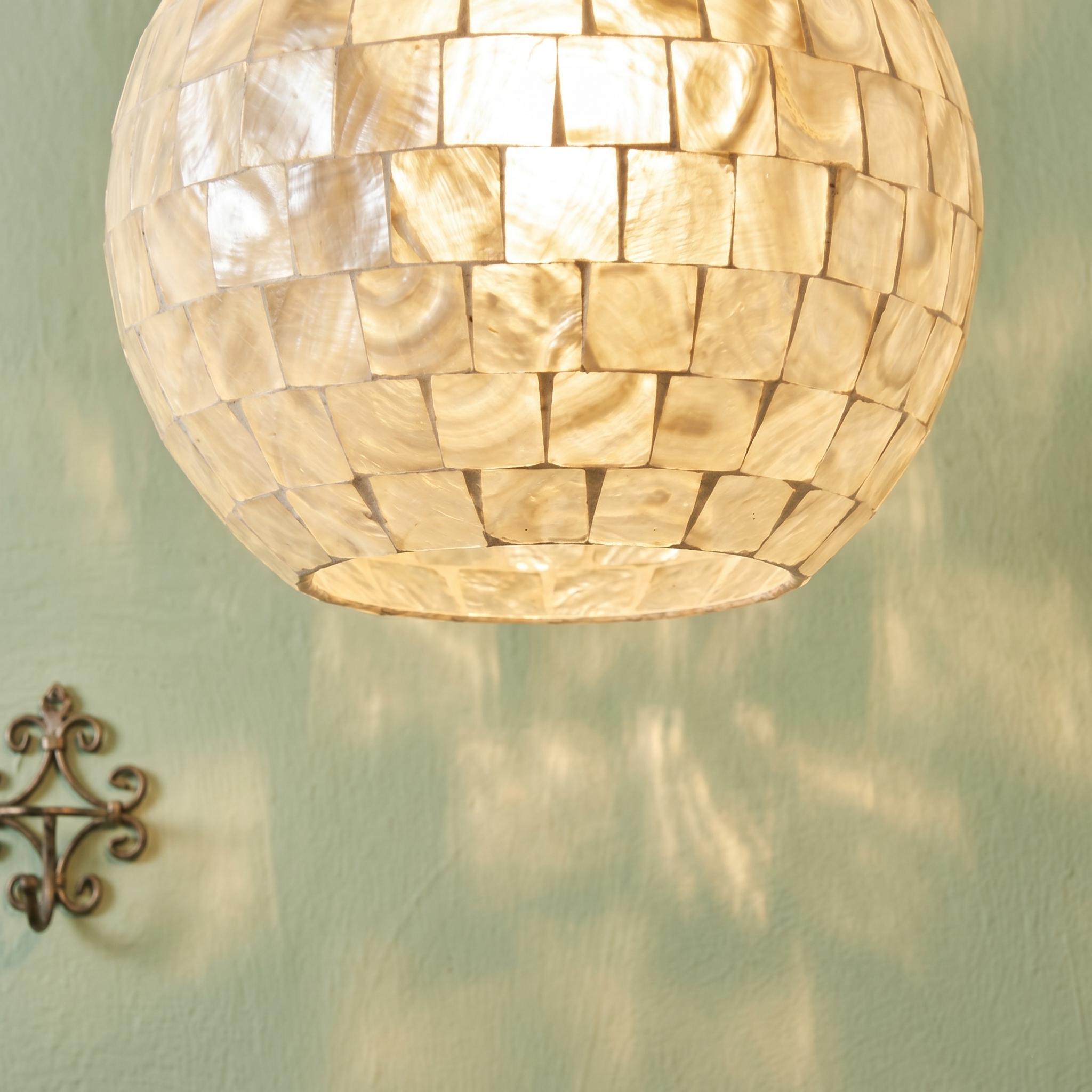Handmade Capiz Shell Globe Pendant Light , White Mosaic Coastal Lamp, Boho Home Accent
