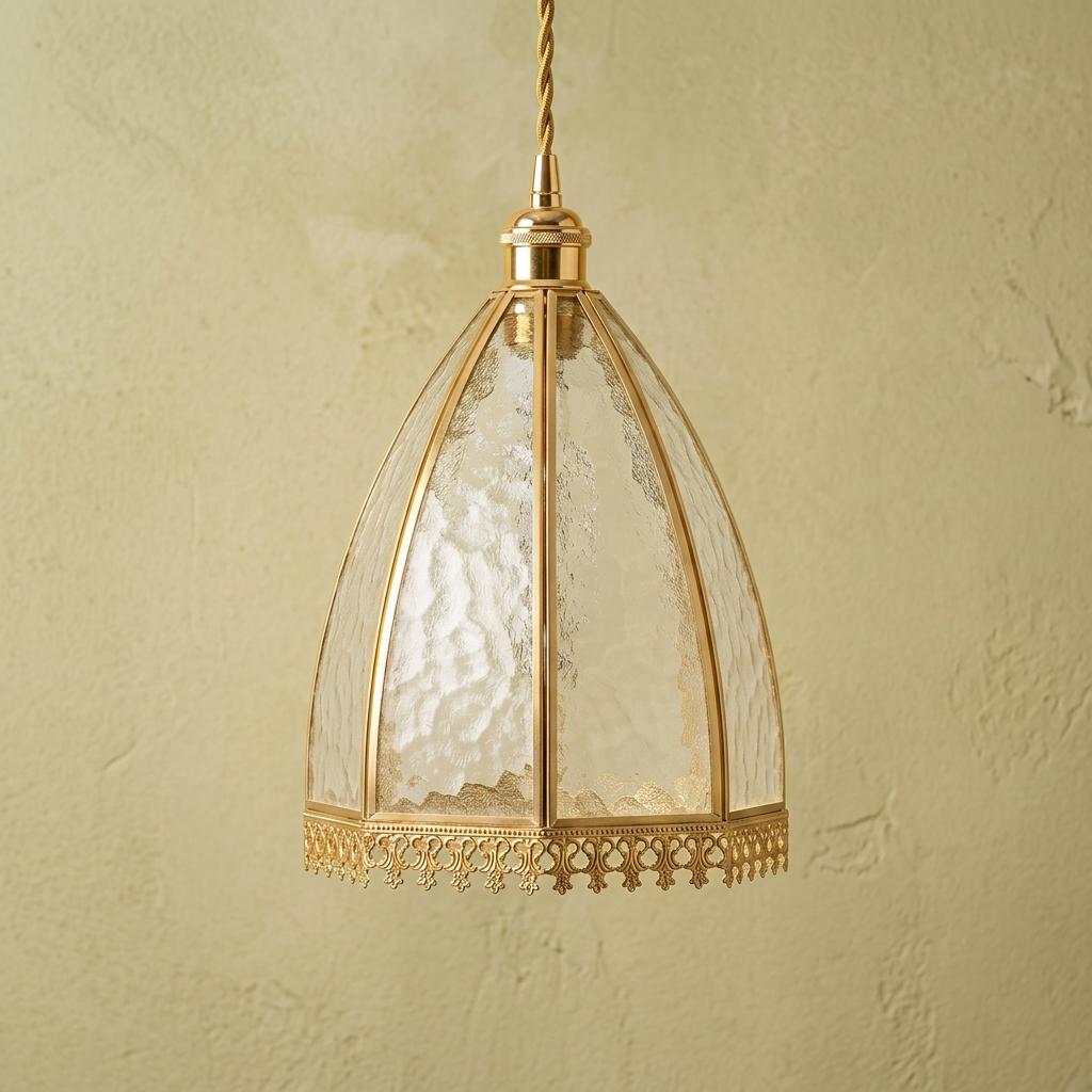Clear Textured Glass Dome Pendant Light, Gold Tone Victorian Hanging Lamp