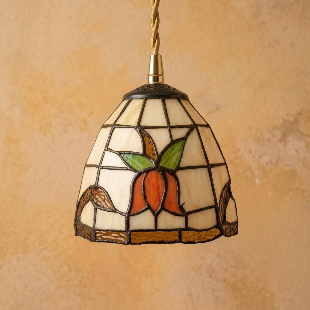 Stained Glass Pendant Light, Orange Floral Tiffany Style Hanging Lamp, Cream Green Ceiling Light, Cottagecore Kitchen Island Lighting