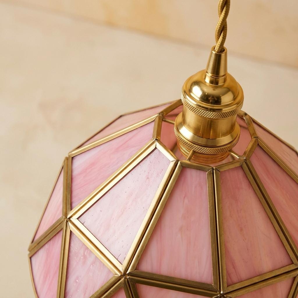 Pink Stained Glass Pendant Light, Scalloped Petal Hanging Lamp, Small Tiffany Style Ceiling Light, Cottagecore Bedroom Decor