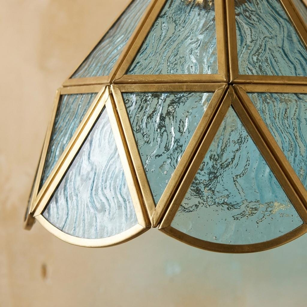 Aqua Blue Stained Glass Pendant Light, Geometric Hanging Lamp, Vintage Style Ceiling Fixture