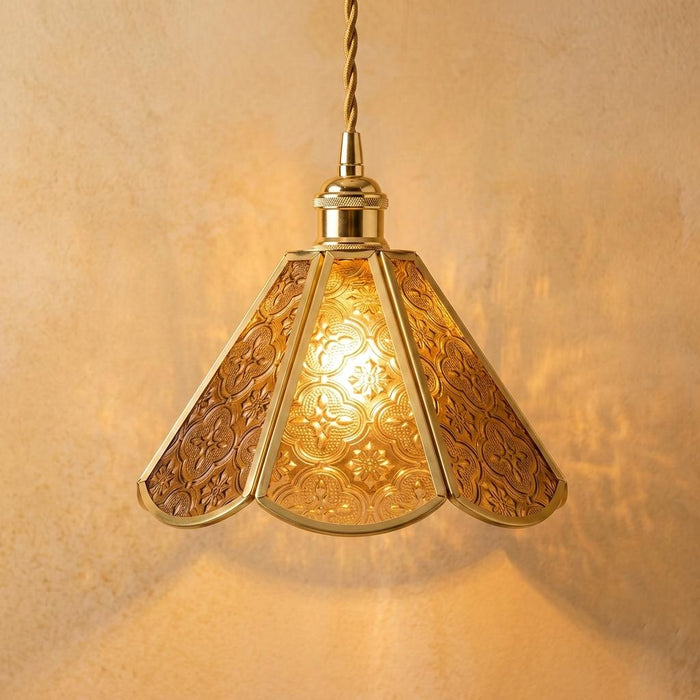 Amber Floral Stained Glass Pendant Light, Vintage Gold Scalloped Ceiling Lamp