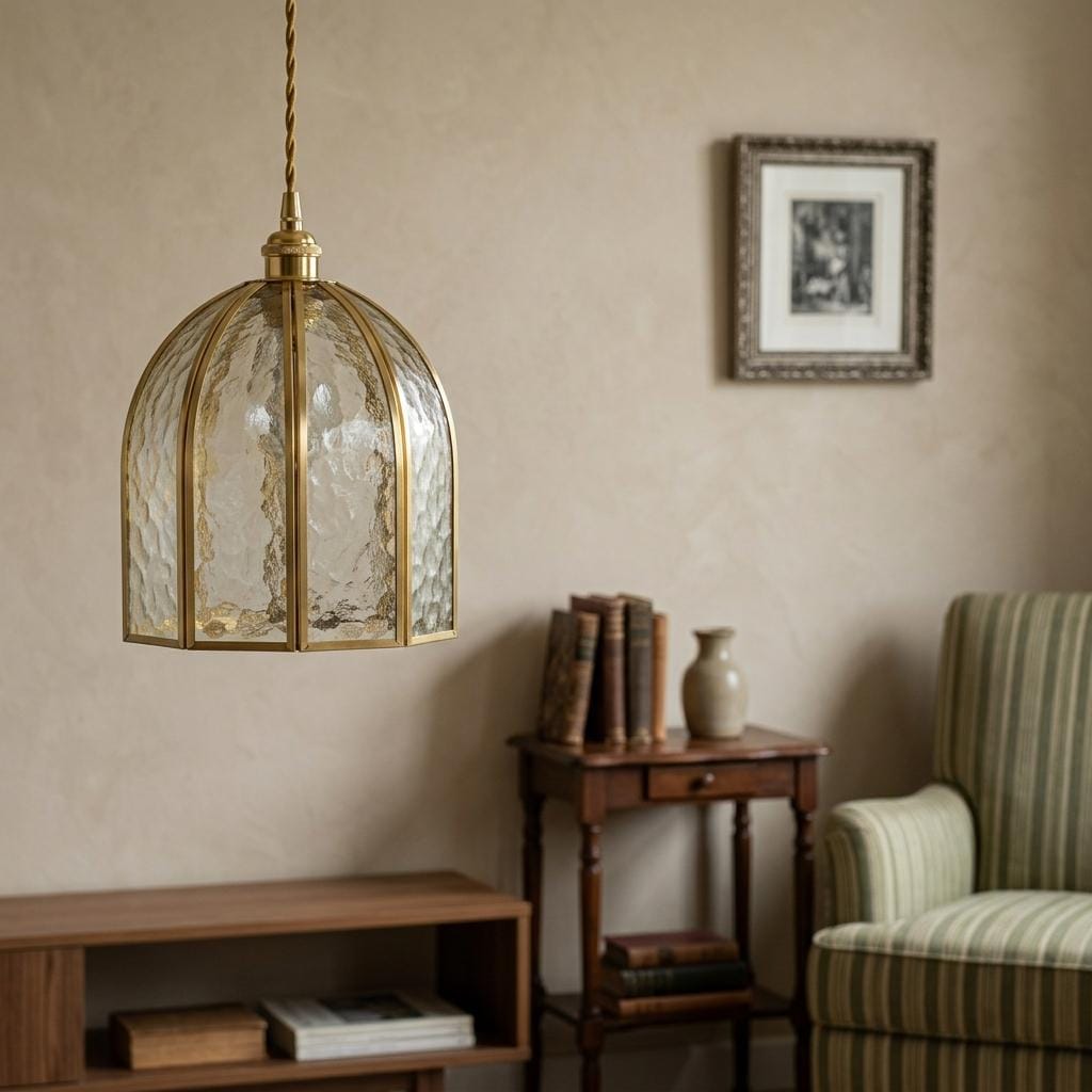 Handmade Dome Stained Glass Pendant Light, Art Deco Brass Kitchen Island Decor