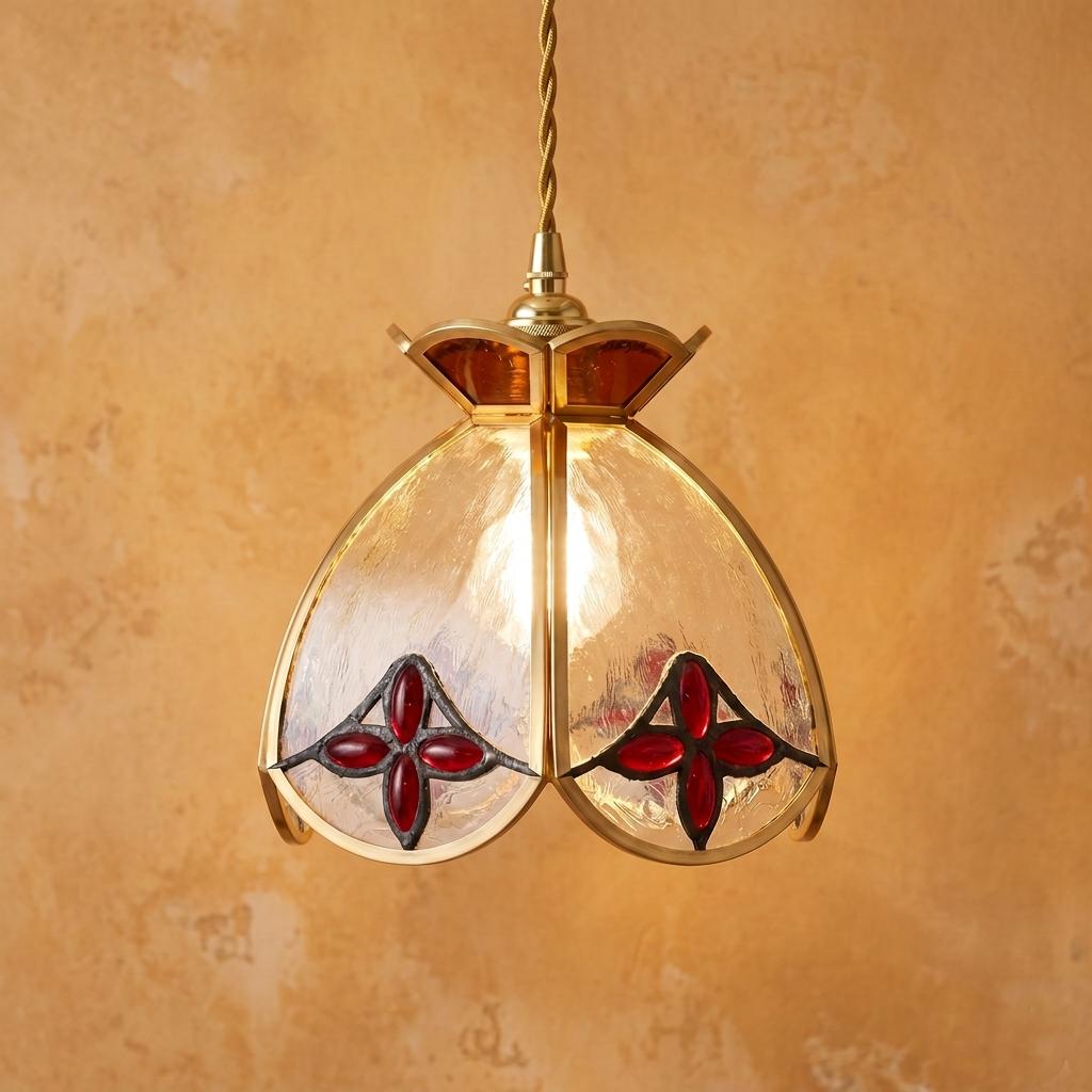 Stained Glass Tulip Pendant Light Shade, Amber Red Floral Lampshade, Vintage Cottagecore Lighting Decor