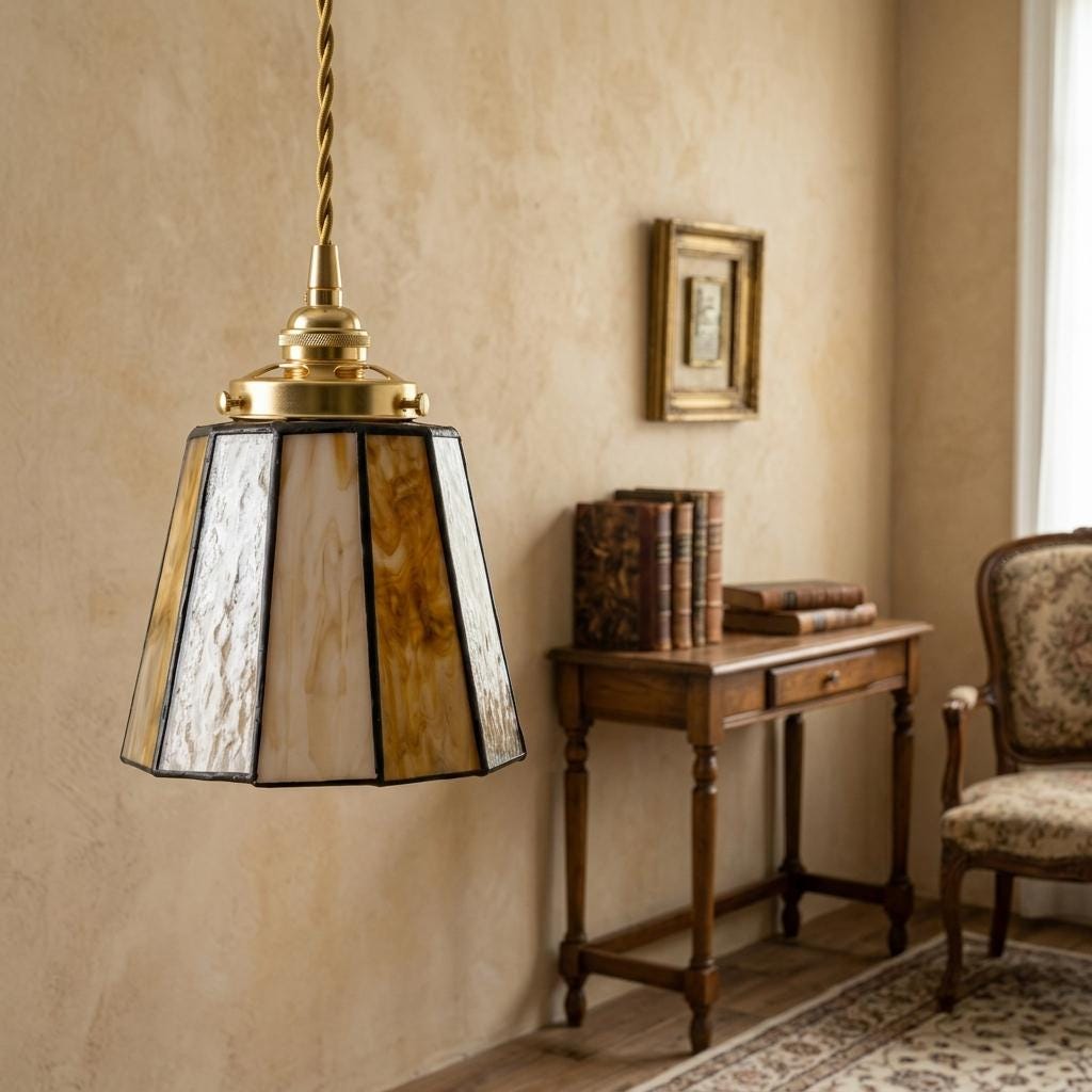 Amber Ivory Stained Glass Pendant Light, Small Tiffany Style Hanging Lamp, Warm Vintage Boho Ceiling Light