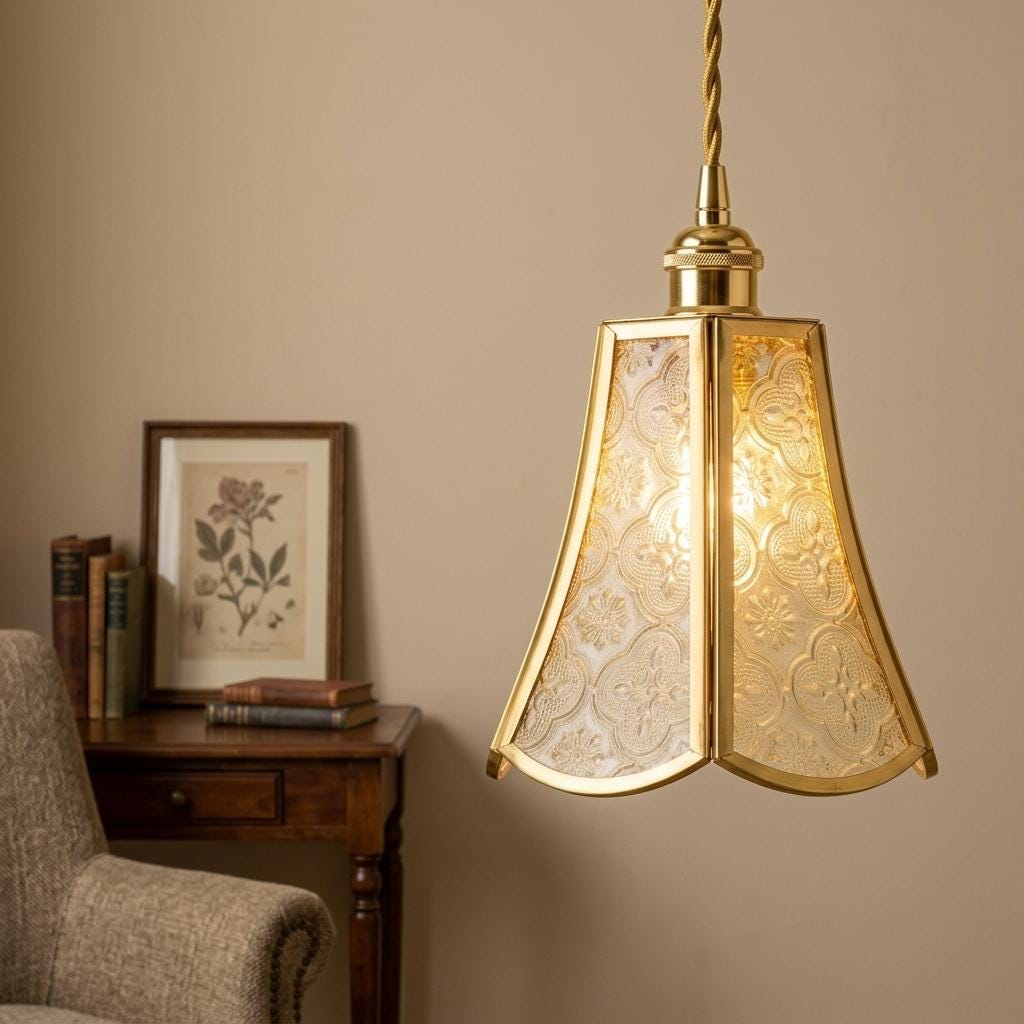 Clear Embossed Glass Pendant Light, Vintage Brass Floral Hanging Lamp