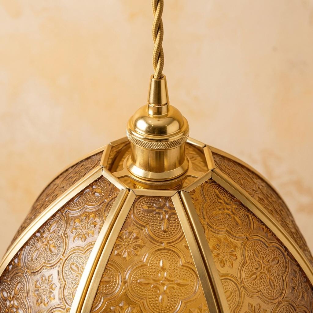 Amber Embossed Floral Glass Pendant Light, Vintage Golden Dome Hanging Lamp