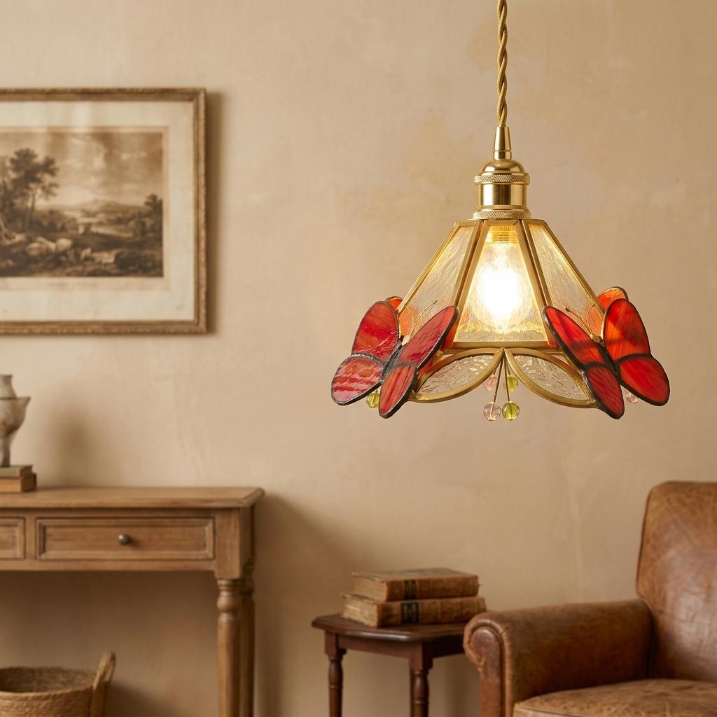 Stained Glass Butterfly Pendant Light, Red Orange Tiffany Style Hanging Lamp Shade, Handmade Cottagecore Ceiling Light, Art Glass Decor