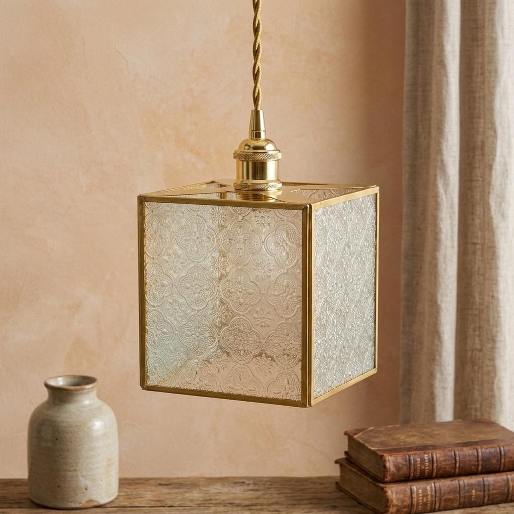 Textured Glass Pendant Light, Square Brass Tone Hanging Lamp, Vintage Style Entryway Kitchen Lighting