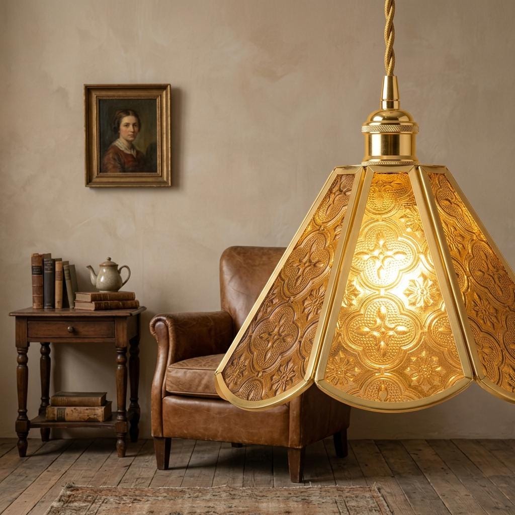 Amber Floral Stained Glass Pendant Light, Vintage Gold Scalloped Ceiling Lamp