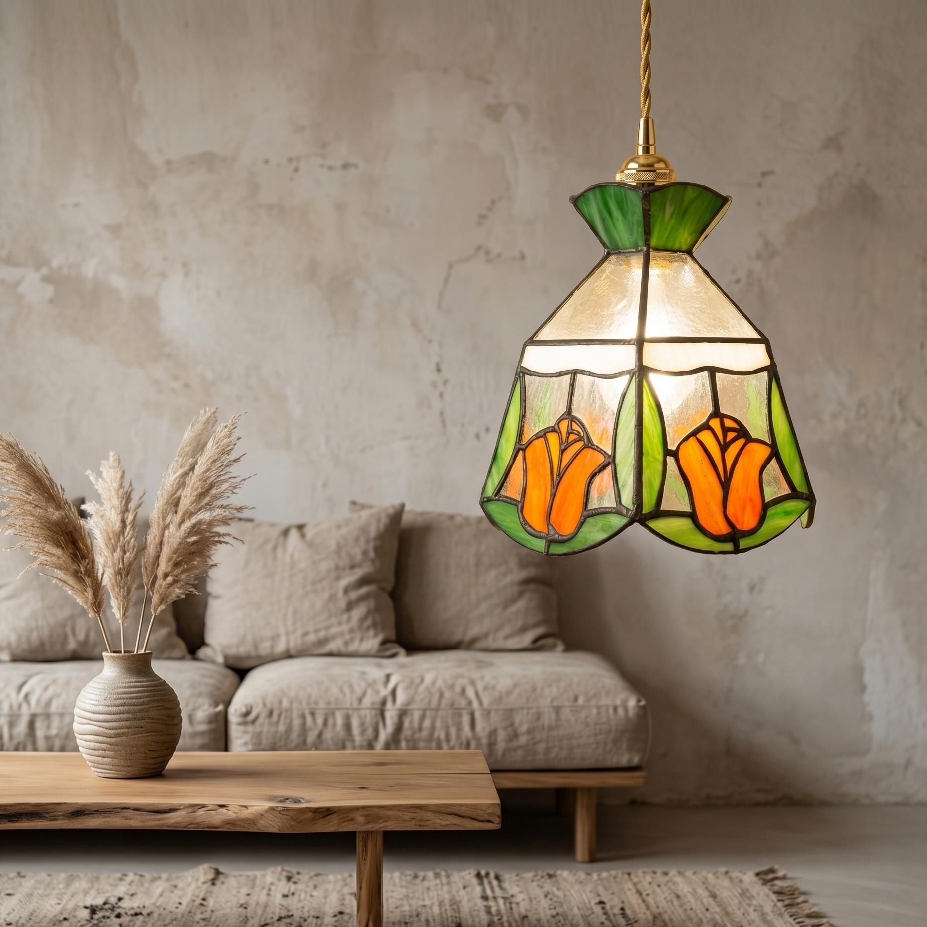 Handmade Stained Glass Tulip Pendant Light, Tiffany Style Floral Hanging Lamp, Orange Green Flower Ceiling Light, Kitchen Island Lamp