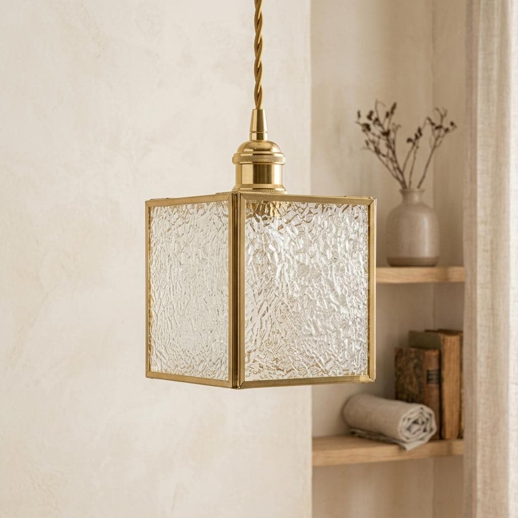 Textured Glass Pendant Light, Square Brass Tone Hanging Lamp, Vintage Style Fixture