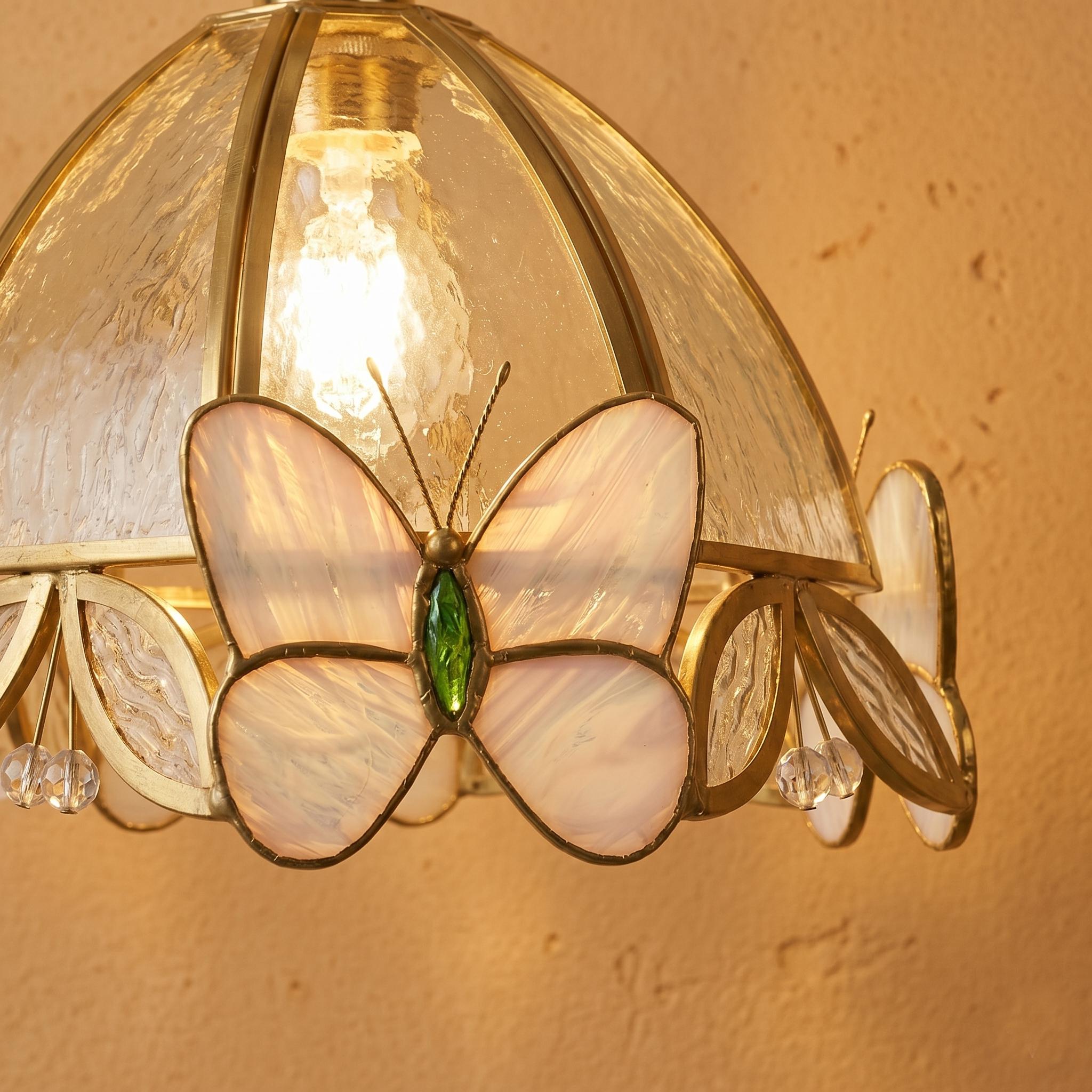 Butterfly Stained Glass Pendant Light, Handmade Tiffany Style Hanging Lamp Shade, Pink Floral Dome Light for Cottagecore Nursery Decor