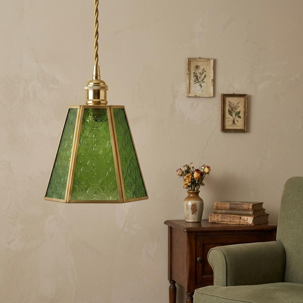 Handmade Green Embossed Glass Lamp Shade, Vintage Brass Art Nouveau Accent Light