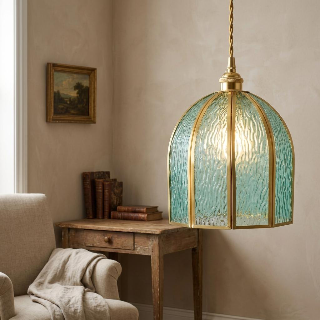 Aqua Blue Stained Glass Pendant Light, Vintage Brass Frame Hanging Lamp