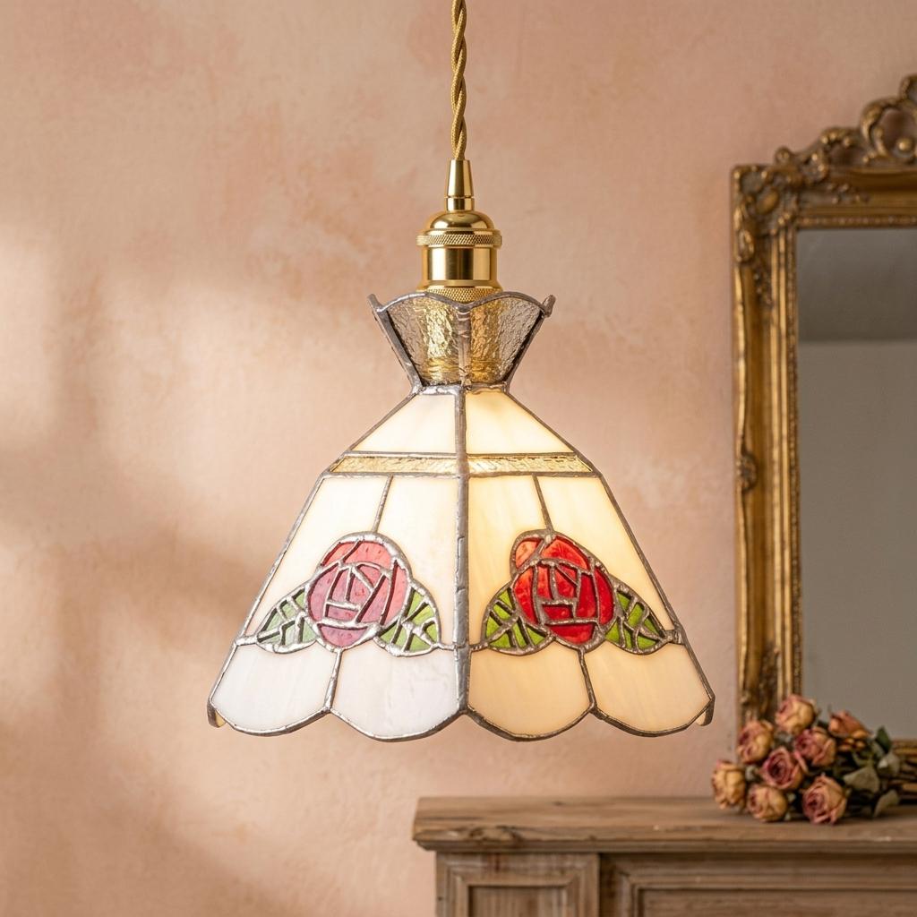 Rose Stained Glass Pendant Light, Handmade Tiffany Style Hanging Lamp, White Floral Ceiling Light, Vintage Cottagecore Decor
