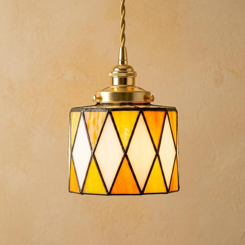 Handmade Geometric Stained Glass Pendant Light, Amber Orange Yellow Boho Fixture